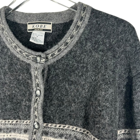 Vintage KOBE Plus Size 1X Shetland Wool Sweater Cardigan Fair Isle Snowflake - Picture 2 of 7